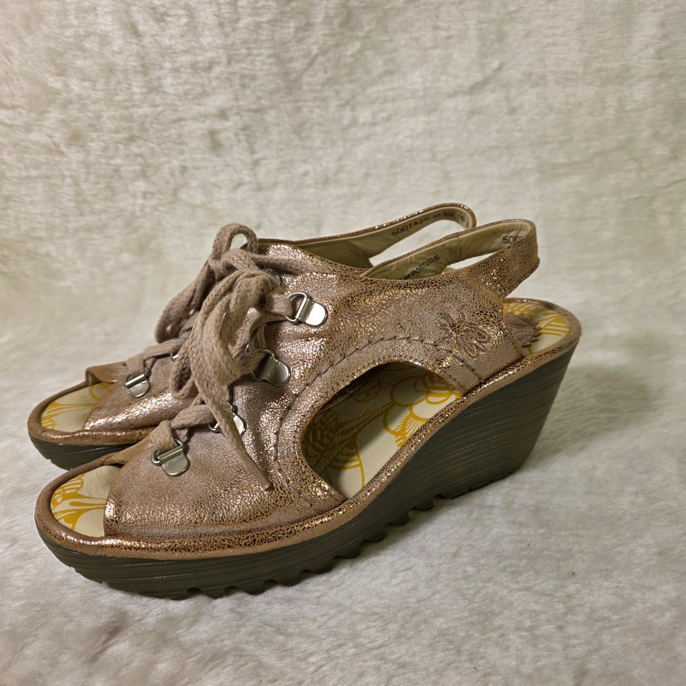 Fly London Yala Wedge Sandals Rose Gold Metallic Lace Up Leather Womens 37 6 6.5